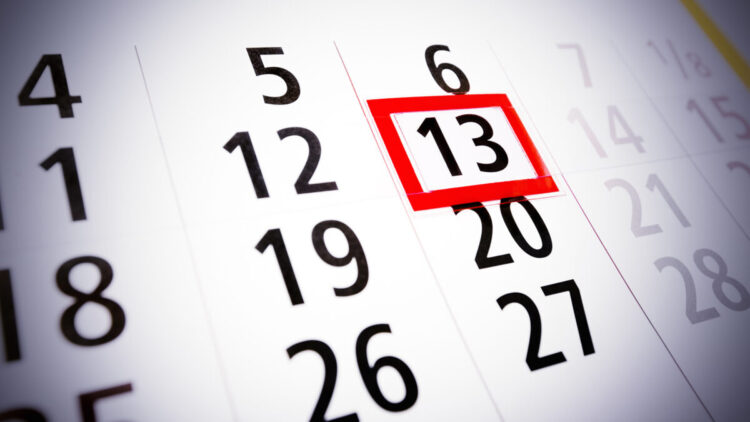 Friday the 13th. Calendar, bad luck, time, stress or fear concept.
