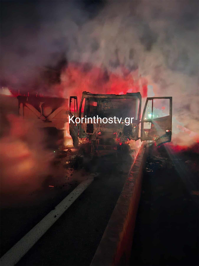Στις φλόγες νταλίκα μετά από τροχαίο στην Εθνική Οδό Κορίνθου – Πατρών